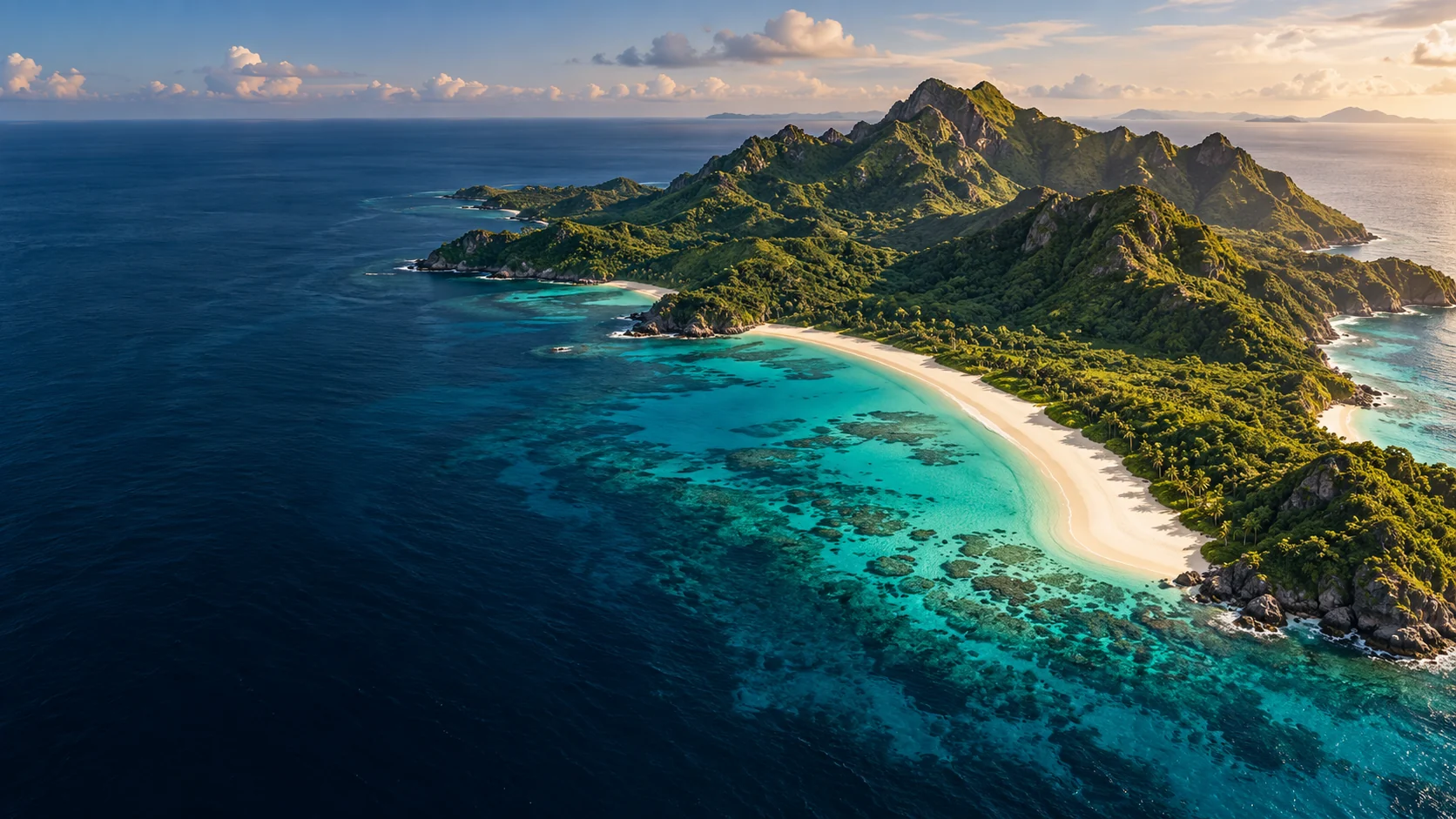 AI-generated imaginary tropical island landscape, not a listed property